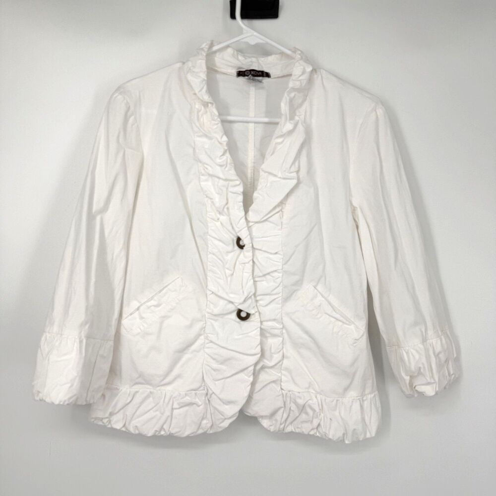 XCVI Jacket White Ruffle Trim 3/4 Sleeve Cotton Lagenlook Preppy Womens Large